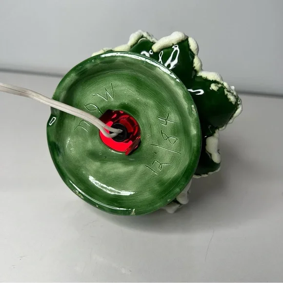 Vintage Ceramic Christmas Tree Snow Dated 1984 Green Multi Color 9” Tall